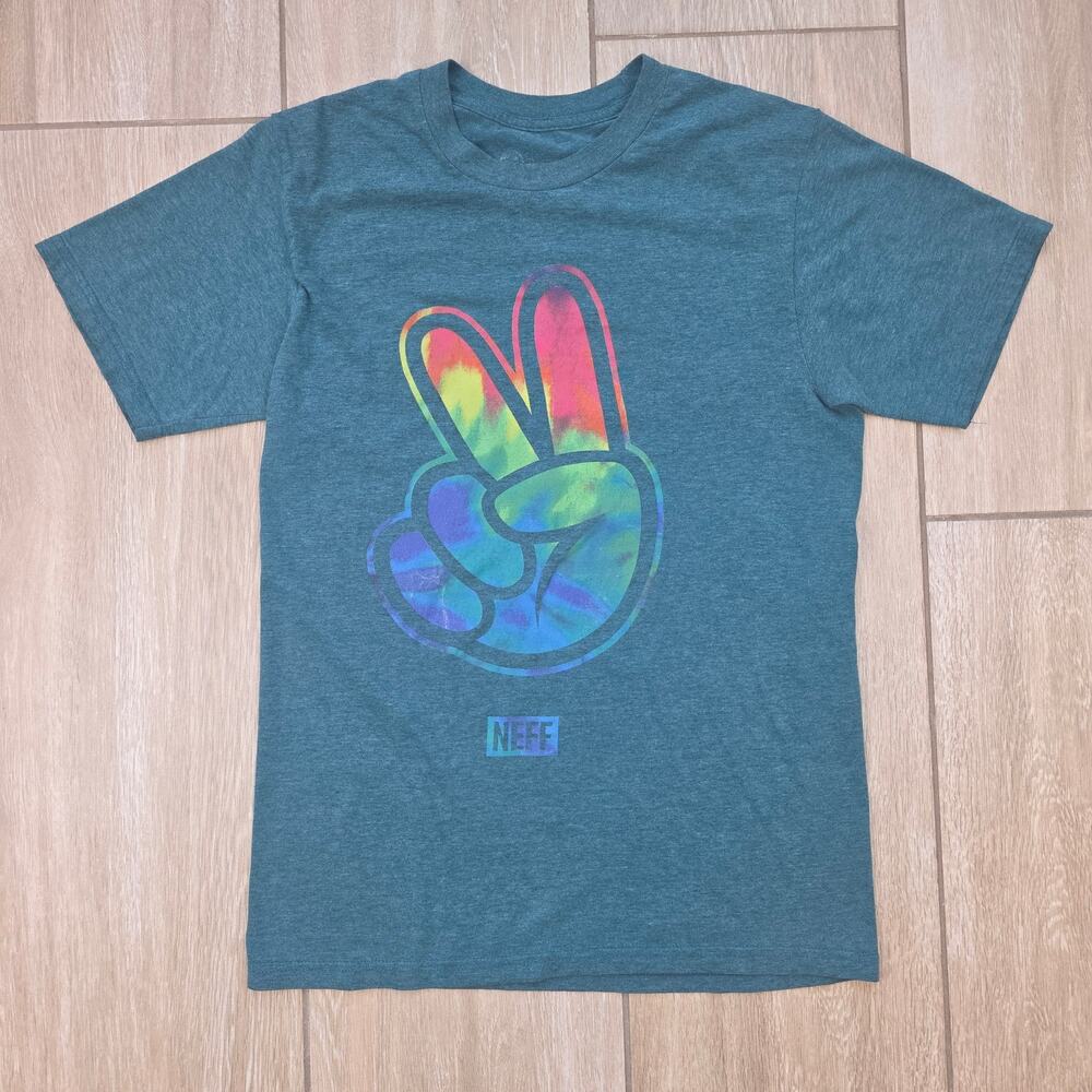 Neff Peace Sign Tie Dye Graphic T Shirt Mens Small Green Rainbow Skate Surf
